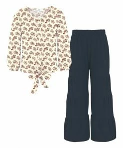 Buy 🧨 Trend Blossoms Cream & Orange Floral Knot-Front Top & Navy Tiered Pants - 👧 Girls 😀