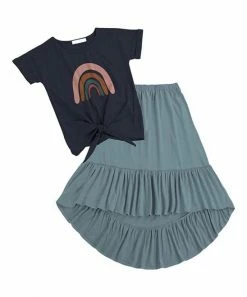 Best deal 😀 Trend Blossoms Dark Navy Rainbow Knot-Front Tee & Dusty Blue Hi-Low 👗 Skirt - 👧 Girls 😉
