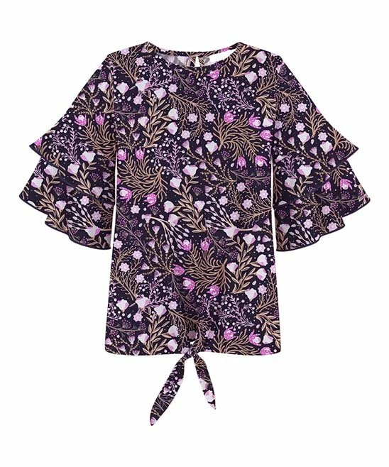 Cheapest ๐ฅฐ Trend Blossoms Dark Purple & Pink Floral Ruffle-Sleeve Tie-Front Crewneck Top - ๐ง Girls ๐ 3 Cheapest ๐ฅฐ Trend Blossoms Dark Purple & Pink Floral Ruffle-Sleeve Tie-Front Crewneck Top - ๐ง Girls ๐