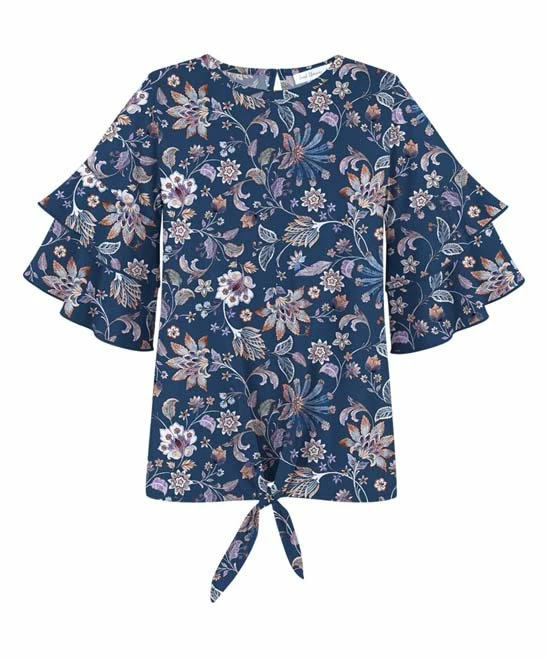 Budget 🥰 Trend Blossoms Navy & Lavender Floral Ruffle-Sleeve Knot-Front Crewneck Top - 👧 Girls ⌛ 3 Budget 🥰 Trend Blossoms Navy & Lavender Floral Ruffle-Sleeve Knot-Front Crewneck Top - 👧 Girls ⌛