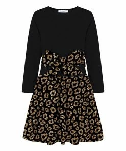 Best Pirce 🛒 Trend Blossoms Black & Gold Glitter Leopard Bow-Accent Long-Sleeve A-Line 👗 Dress - 👧 Girls 💯
