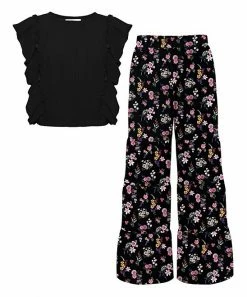 Best Sale ✔️ Trend Blossoms Black Angel-Sleeve Top & Pink Floral Tiered Pants - 👧 Girls 🧨