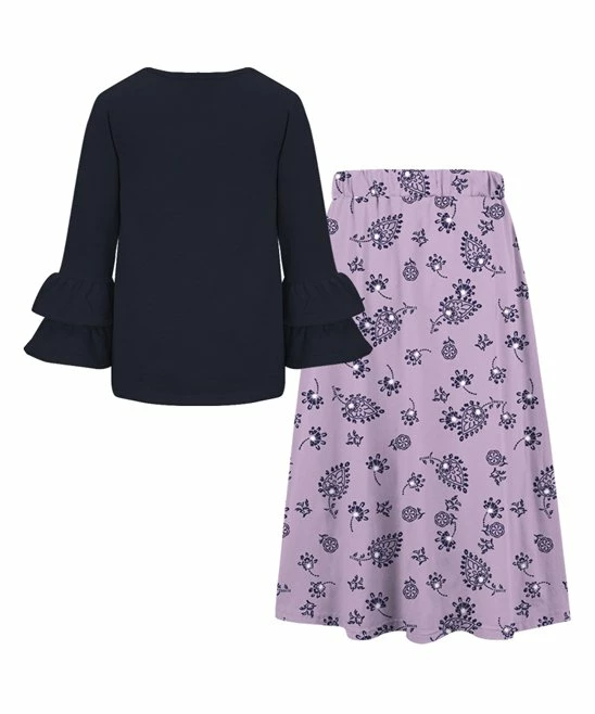 Best Pirce ๐ Trend Blossoms Dark Navy Ruffle-Sleeve Crewneck Top & Lavender Floral Bow-Belt ๐ Skirt - ๐ง Girls ๐ 4 Best Pirce ๐ Trend Blossoms Dark Navy Ruffle-Sleeve Crewneck Top & Lavender Floral Bow-Belt ๐ Skirt - ๐ง Girls ๐ - Image 2