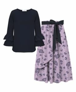 Best Pirce ๐ Trend Blossoms Dark Navy Ruffle-Sleeve Crewneck Top & Lavender Floral Bow-Belt ๐ Skirt - ๐ง Girls ๐