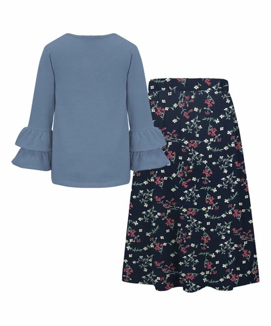 Cheap 💯 Trend Blossoms Blue Ruffle Tiered-Sleeve Crewneck Top & Navy Floral A-Line 👗 Skirt - 👧 Girls 🤩 4 Cheap 💯 Trend Blossoms Blue Ruffle Tiered-Sleeve Crewneck Top & Navy Floral A-Line 👗 Skirt - 👧 Girls 🤩 - Image 2