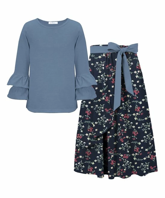 Cheap 💯 Trend Blossoms Blue Ruffle Tiered-Sleeve Crewneck Top & Navy Floral A-Line 👗 Skirt - 👧 Girls 🤩 3 Cheap 💯 Trend Blossoms Blue Ruffle Tiered-Sleeve Crewneck Top & Navy Floral A-Line 👗 Skirt - 👧 Girls 🤩