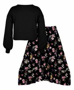 Best reviews of ⌛ Trend Blossoms Black Bishop-Sleeve Crewneck Top & Pink Floral Hi-Low 👗 Skirt - 👧 Girls 👏