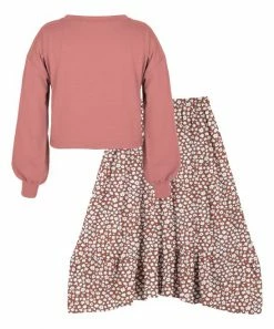 Buy 👏 Trend Blossoms Coral Bishop-Sleeve Crewneck Top & Brick Red Floral Hi-Low 👗 Skirt - 👧 Girls 😉 -Trend Blossoms-shop zu101028458 alt 1 tm1635874540