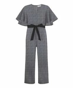 Cheapest ✔️ Trend Blossoms Black & White Glen Plaid V-Neck Bell-Sleeve Belted Jumpsuit - 👧 Girls 🔔