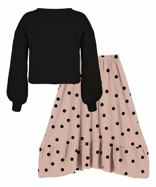 Budget 🛒 Trend Blossoms Black 'Be Kind' Long-Sleeve Top & Pink Polka Dot Hi-Low 👗 Skirt - 👧 Girls 🔔 4 Budget 🛒 Trend Blossoms Black 'Be Kind' Long-Sleeve Top & Pink Polka Dot Hi-Low 👗 Skirt - 👧 Girls 🔔 - Image 2