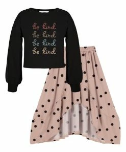 Budget 🛒 Trend Blossoms Black 'Be Kind' Long-Sleeve Top & Pink Polka Dot Hi-Low 👗 Skirt - 👧 Girls 🔔