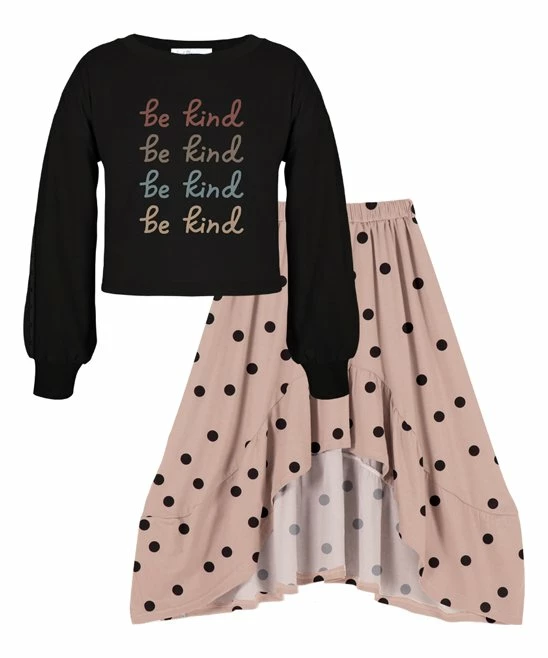 Budget 🛒 Trend Blossoms Black 'Be Kind' Long-Sleeve Top & Pink Polka Dot Hi-Low 👗 Skirt - 👧 Girls 🔔 3 Budget 🛒 Trend Blossoms Black 'Be Kind' Long-Sleeve Top & Pink Polka Dot Hi-Low 👗 Skirt - 👧 Girls 🔔