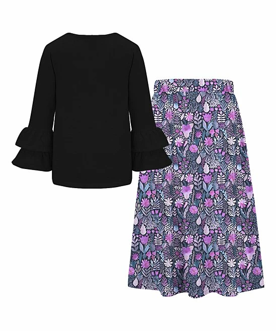 Budget 🛒 Trend Blossoms Black Ruffle Crewneck Top & Orchid Floral Bow-Belted 👗 Skirt - 👧 Girls 🌟 4 Budget 🛒 Trend Blossoms Black Ruffle Crewneck Top & Orchid Floral Bow-Belted 👗 Skirt - 👧 Girls 🌟 - Image 2