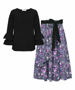 Budget ๐ Trend Blossoms Black Ruffle Crewneck Top & Orchid Floral Bow-Belted ๐ Skirt - ๐ง Girls ๐
