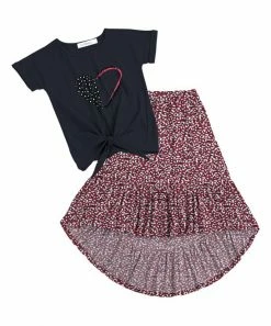 Best reviews of ⭐ Trend Blossoms Dark Navy Heart Knot-Front Top & Maroon Leopard Hi-Low 👗 Skirt - 👧 Girls ❤️