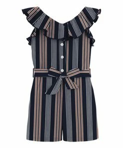 Best Pirce 🔔 Trend Blossoms Navy & Orange Stripe Ruffle Bow-Belt Romper - 👧 Girls ❤️