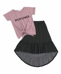 Hot Sale 🌟 Trend Blossoms Pink 'Wildflower' Knot-Front Top & Black Polka Dot Hi-Low 👗 Skirt - 👧 Girls 🥰