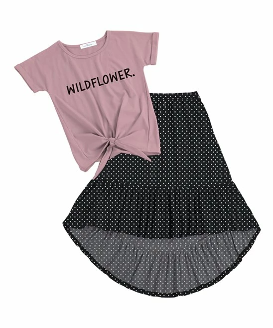 Hot Sale ๐ Trend Blossoms Pink 'Wildflower' Knot-Front Top & Black Polka Dot Hi-Low ๐ Skirt - ๐ง Girls ๐ฅฐ 3 Hot Sale ๐ Trend Blossoms Pink 'Wildflower' Knot-Front Top & Black Polka Dot Hi-Low ๐ Skirt - ๐ง Girls ๐ฅฐ