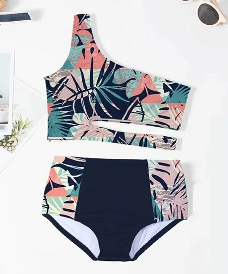 Wholesale 🛒 Trend Blossoms Dark Navy & Turquoise Tropical Leaf One-Shoulder Cutout 👙 Bikini - 👧 Girls 👍 3 Wholesale 🛒 Trend Blossoms Dark Navy & Turquoise Tropical Leaf One-Shoulder Cutout 👙 Bikini - 👧 Girls 👍