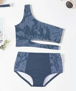 Budget ✔️ Trend Blossoms Dusty Blue Floral One-Shoulder Cutout 👙 Bikini - 👧 Girls 🔥