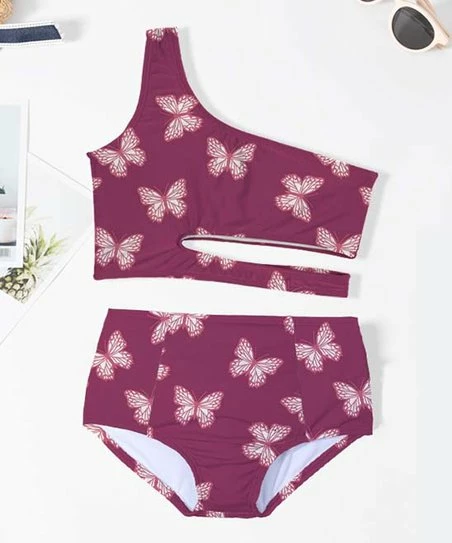 Hot Sale 👏 Trend Blossoms Dark Fuchsia Butterfly One-Shoulder Cutout 👙 Bikini - 👧 Girls 🔥 3 Hot Sale 👏 Trend Blossoms Dark Fuchsia Butterfly One-Shoulder Cutout 👙 Bikini - 👧 Girls 🔥