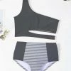 Promo ⭐ Trend Blossoms Dark Gray & White Stripe Color Block One-Shoulder Cutout 👙 Bikini - 👧 Girls 😀 -Trend Blossoms-shop zu102034797 main tm1639597722