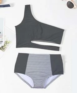 Promo ⭐ Trend Blossoms Dark Gray & White Stripe Color Block One-Shoulder Cutout 👙 Bikini - 👧 Girls 😀