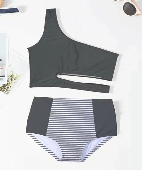Promo โญ Trend Blossoms Dark Gray & White Stripe Color Block One-Shoulder Cutout ๐ Bikini - ๐ง Girls ๐ 3 Promo โญ Trend Blossoms Dark Gray & White Stripe Color Block One-Shoulder Cutout ๐ Bikini - ๐ง Girls ๐