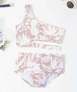 Coupon 🎉 Trend Blossoms Dusty Pink & White Floral One-Shoulder Cutout 👙 Bikini - 👧 Girls 👍