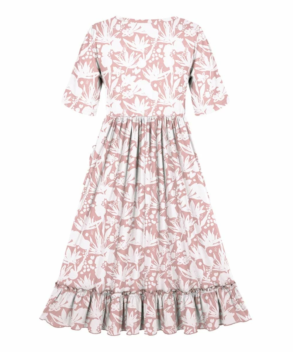 Hot Sale โ Trend Blossoms Pink & White Floral Ruffle-Accent A-Line ๐ Dress - ๐ง Girls ๐ 5 Hot Sale โ Trend Blossoms Pink & White Floral Ruffle-Accent A-Line ๐ Dress - ๐ง Girls ๐ - Image 3