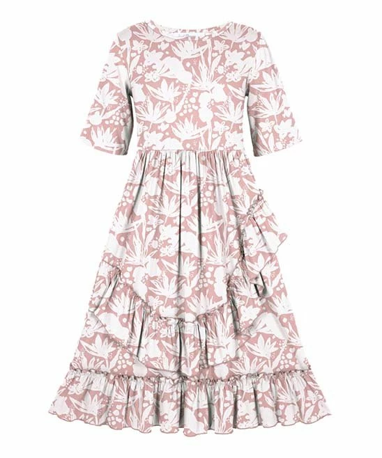 Hot Sale โ Trend Blossoms Pink & White Floral Ruffle-Accent A-Line ๐ Dress - ๐ง Girls ๐ 3 Hot Sale โ Trend Blossoms Pink & White Floral Ruffle-Accent A-Line ๐ Dress - ๐ง Girls ๐