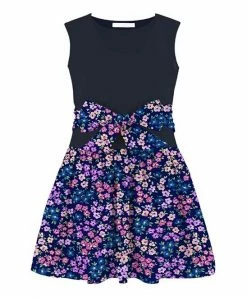 Discount 😀 Trend Blossoms Dark Navy & Lavender Floral Bow-Belt Sleeveless 👗 Dress - 👧 Girls 🛒