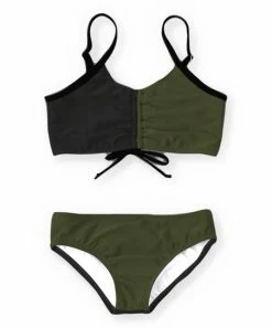 Cheap 😀 Trend Blossoms Black & Army Green Color Block Drawstring Bow-Accent 👙 Bikini - 👧 Girls 👏