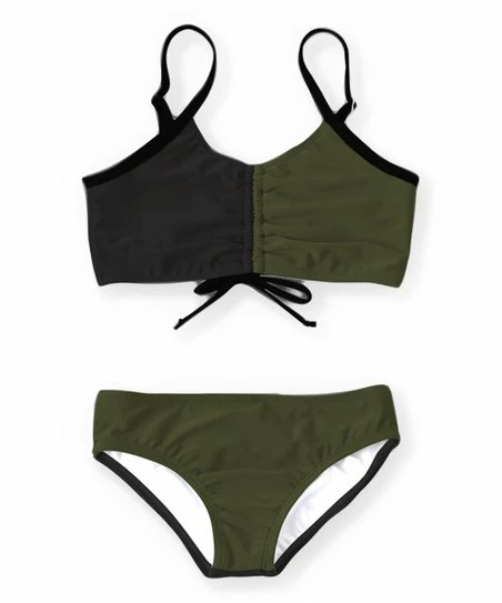 Cheap ๐ Trend Blossoms Black & Army Green Color Block Drawstring Bow-Accent ๐ Bikini - ๐ง Girls ๐ 3 Cheap ๐ Trend Blossoms Black & Army Green Color Block Drawstring Bow-Accent ๐ Bikini - ๐ง Girls ๐