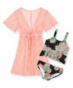 New 🔥 Trend Blossoms Light Pink Cover-Up 👗 Dress & Black & Light Pink Floral Bow-Accent Ruffle 👙 Bikini - 👧 Girls 👏