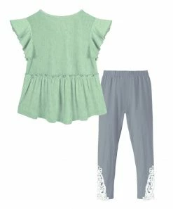 Hot Sale 👏 Trend Blossoms Green Ruffle-Sleeve V-Neck Top & Gray Lace-Hem Leggings - 👧 Girls 🛒 -Trend Blossoms-shop zu102380194 alt 1 tm1640645483