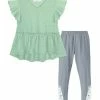 Hot Sale 👏 Trend Blossoms Green Ruffle-Sleeve V-Neck Top & Gray Lace-Hem Leggings - 👧 Girls 🛒 -Trend Blossoms-shop zu102380194 main tm1640645483