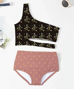Coupon ⭐ Trend Blossoms Black Floral Cutout Off-Shoulder 👙 Bikini Top & Coral Polka Dot Bottoms - 👧 Girls 😉