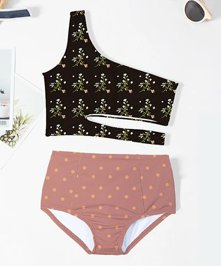 Coupon ⭐ Trend Blossoms Black Floral Cutout Off-Shoulder 👙 Bikini Top & Coral Polka Dot Bottoms - 👧 Girls 😉 3 Coupon ⭐ Trend Blossoms Black Floral Cutout Off-Shoulder 👙 Bikini Top & Coral Polka Dot Bottoms - 👧 Girls 😉