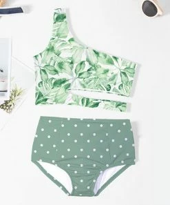 Best deal 🛒 Trend Blossoms White Tropical Leaf Cutout Off-Shoulder 👙 Bikini Top & Green Polka Dot Bottoms - 👧 Girls 😀