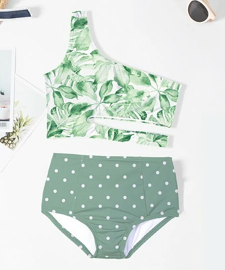 Best deal ๐ Trend Blossoms White Tropical Leaf Cutout Off-Shoulder ๐ Bikini Top & Green Polka Dot Bottoms - ๐ง Girls ๐ 3 Best deal ๐ Trend Blossoms White Tropical Leaf Cutout Off-Shoulder ๐ Bikini Top & Green Polka Dot Bottoms - ๐ง Girls ๐