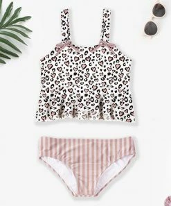 Best Sale ⭐ Trend Blossoms White Leopard-Print Bow-Accent Ruffle 👙 Bikini Top & Pink Stripe Bottoms - 👧 Girls 🛒