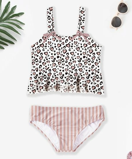 Best Sale โญ Trend Blossoms White Leopard-Print Bow-Accent Ruffle ๐ Bikini Top & Pink Stripe Bottoms - ๐ง Girls ๐ 3 Best Sale โญ Trend Blossoms White Leopard-Print Bow-Accent Ruffle ๐ Bikini Top & Pink Stripe Bottoms - ๐ง Girls ๐