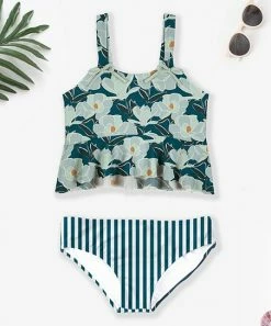 Wholesale 🔔 Trend Blossoms Teal Floral Bow-Accent Ruffle 👙 Bikini Top & White Stripe Bottoms - 👧 Girls 😉