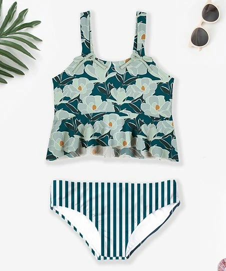 Wholesale π Trend Blossoms Teal Floral Bow-Accent Ruffle π Bikini Top & White Stripe Bottoms - π§ Girls π 3 Wholesale π Trend Blossoms Teal Floral Bow-Accent Ruffle π Bikini Top & White Stripe Bottoms - π§ Girls π