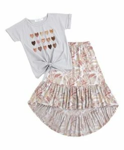 Best Sale ✔️ Trend Blossoms White Hearts Knot-Hem Tee & Pink Tropical Ruffle Hi-Low 👗 Skirt - 👧 Girls ⌛