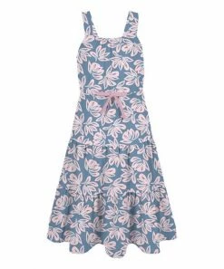 Best Sale 👍 Trend Blossoms Dusty Blue & Pink Floral Bow-Accent Tiered Sleeveless A-Line 👗 Dress - 👧 Girls 👍