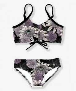 Flash Sale 👏 Trend Blossoms Black & Dusty Lavender Floral String Bow-Accent 👙 Bikini - 👧 Girls 🎁