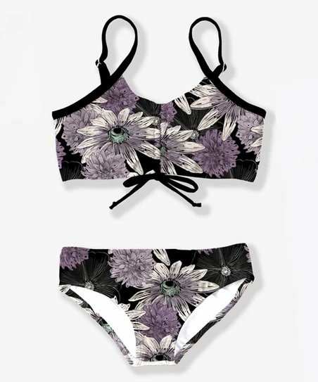 Flash Sale 👏 Trend Blossoms Black & Dusty Lavender Floral String Bow-Accent 👙 Bikini - 👧 Girls 🎁 3 Flash Sale 👏 Trend Blossoms Black & Dusty Lavender Floral String Bow-Accent 👙 Bikini - 👧 Girls 🎁