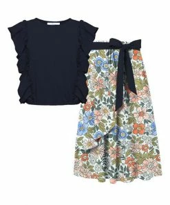 Hot Sale 😉 Trend Blossoms Dark Navy Ruffle-Accent Sleeveless Top & Light Pink Floral Belted 👗 Skirt - 👧 Girls 😍